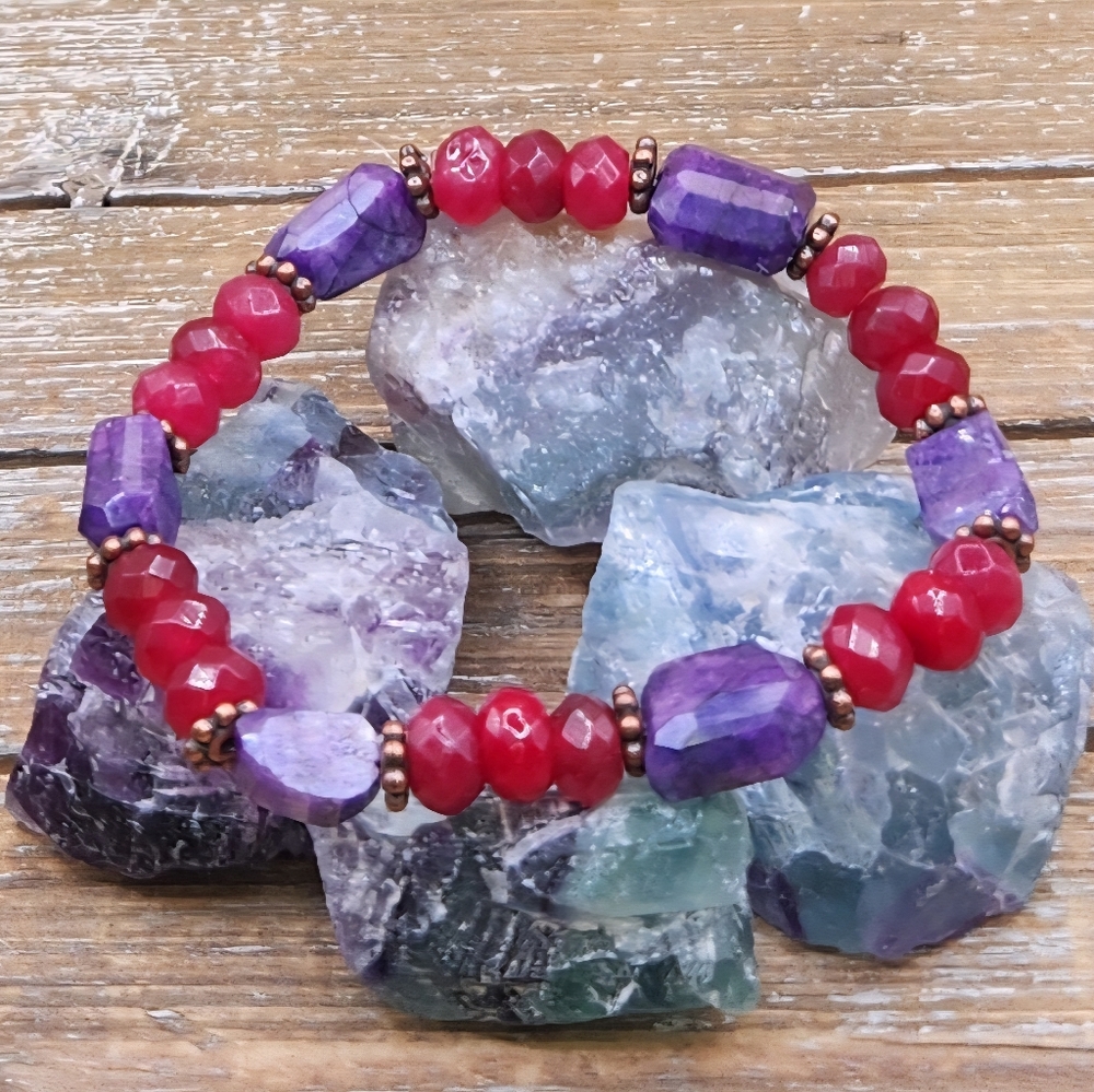 Faceted Ruby Red Jade, Purple Mystic Moonstone and Copper Beaded Bracelet